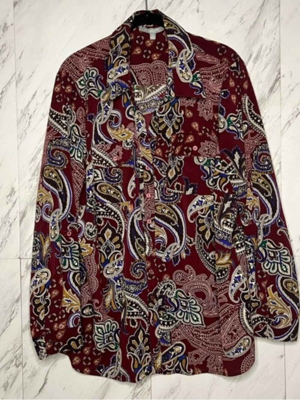 3/$60 NY Collection Paisley Print Button Down Burgundy Blouse Top Plus SZ 2X